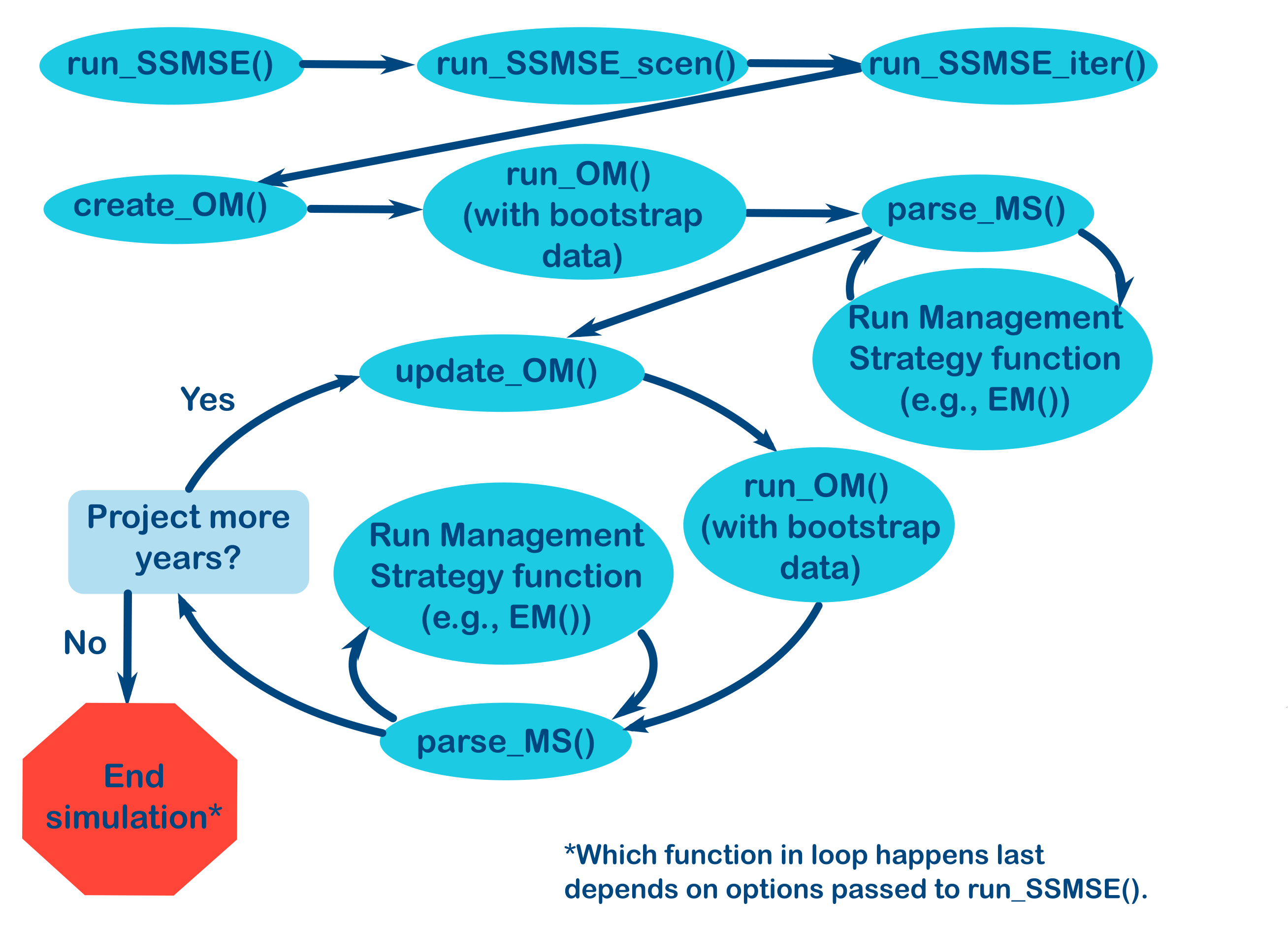 The steps implemented in run_SSMSE() showing the functions called.